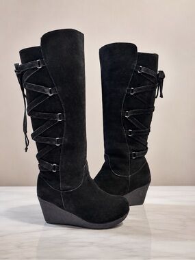 BearPaw Suede‎ Leather Tall Wedge Lace Up Boots Pull On Sz 10